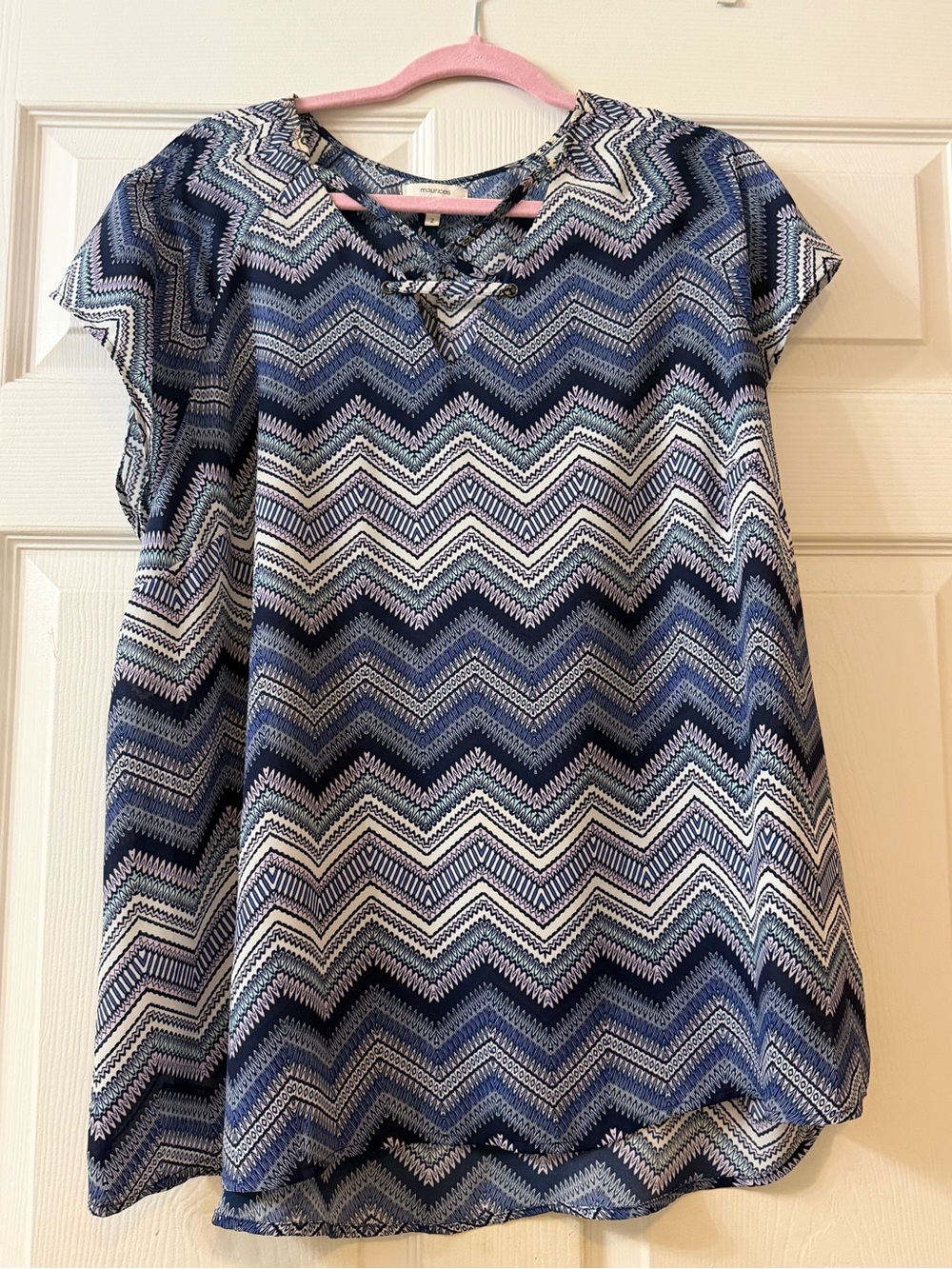 Maurices Navy and White Chevron Lace-Up Cap Sleeve Top